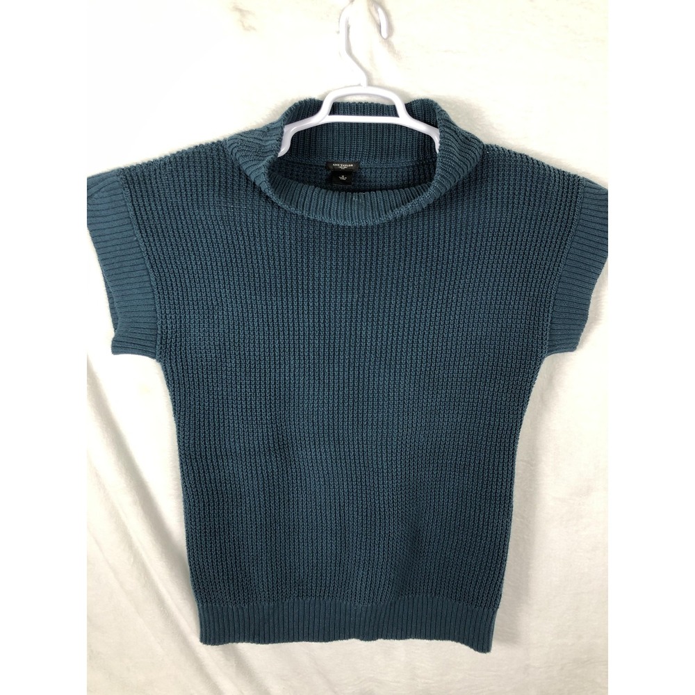 Ann Taylor Sweater Womens Medium Teal Cowl Neck Cap Sleeve Rib Knit Pullover Top